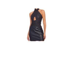 NEW Eva Franco Anthropologie Faux Leather Lace Twofer Dress 12 Navy Blue Halter